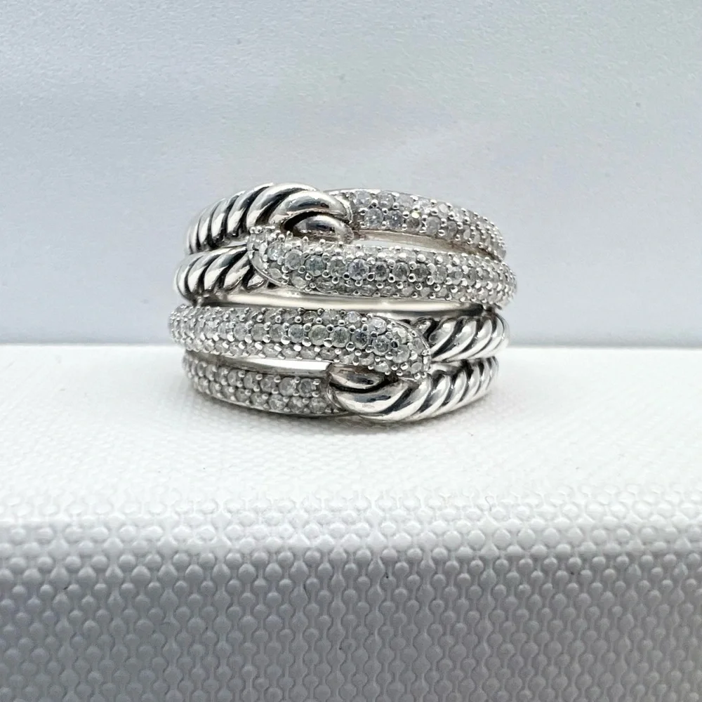 David Yurman Sterling Silver Double Loop Labyrinth Diamond Ring - Picture 1 of 15